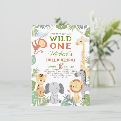 Flat 1st birthday invitation with of cute animals.