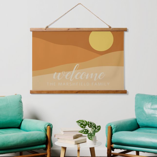 Flat Boho Mountain Sunset Desert colors Welcome Hanging Tapestry (Living Room)
