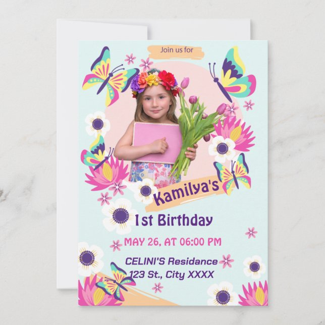 Flat Butterfly Birthday Invitation With Photo (Front)