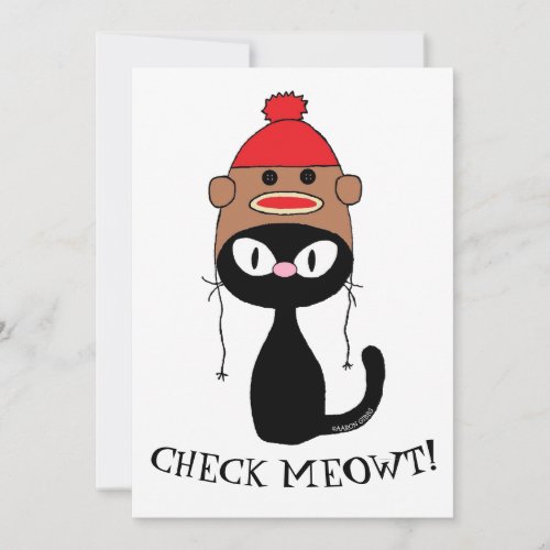 Flat Card Check Meowt Black Cat w Sock Monkey Hat