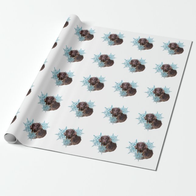 Flat Coat Retriever in the Snowflakes  Wrapping Paper (Unrolled)