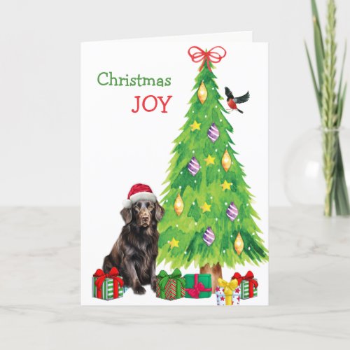 Flat Coated Retriever Dog Bird and Christmas Tree Holiday Card