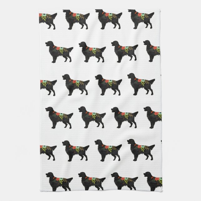 Flat-Coated Retriever Dog Breed Bohemian Floral Kitchen Towel (Vertical)