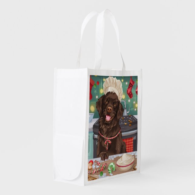 Flat-Coated Retriever Holiday Baking: Christmas Grocery Bag (Front Side)