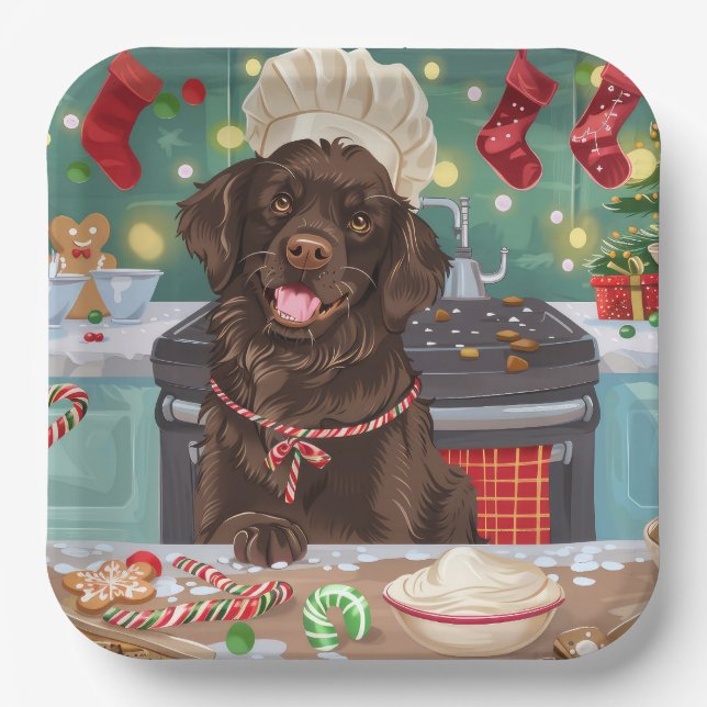 Flat-Coated Retriever Holiday Baking: Christmas Paper Plates (Front)