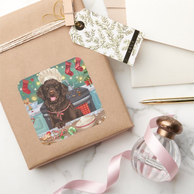 Flat-Coated Retriever Holiday Baking: Christmas Square Sticker (Gifting)