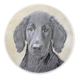 Flat-Coated Retriever Painting - Original Dog Art Ceramic Knob