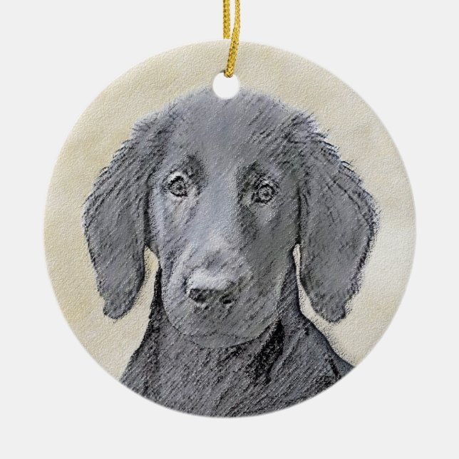 Flat-Coated Retriever Painting - Original Dog Art Ceramic Ornament (Front)