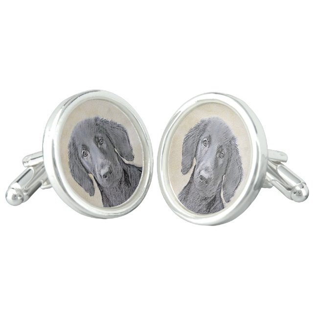 Flat-Coated Retriever Painting - Original Dog Art Cufflinks (Angled)