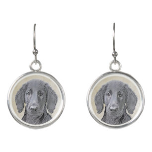 Flat-Coated Retriever Painting - Original Dog Art Earrings