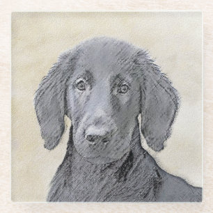 Flat-Coated Retriever Painting - Original Dog Art Glass Coaster