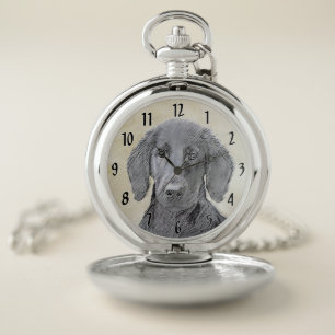 Flat-Coated Retriever Painting - Original Dog Art Pocket Watch