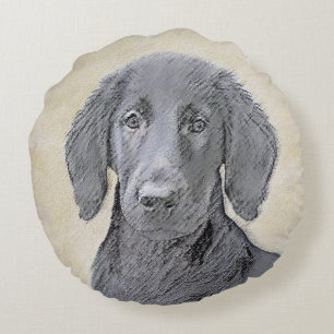 Flat-Coated Retriever Painting - Original Dog Art Round Pillow