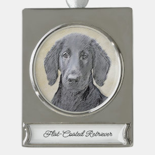 Flat-Coated Retriever Painting - Original Dog Art Silver Plated Banner Ornament