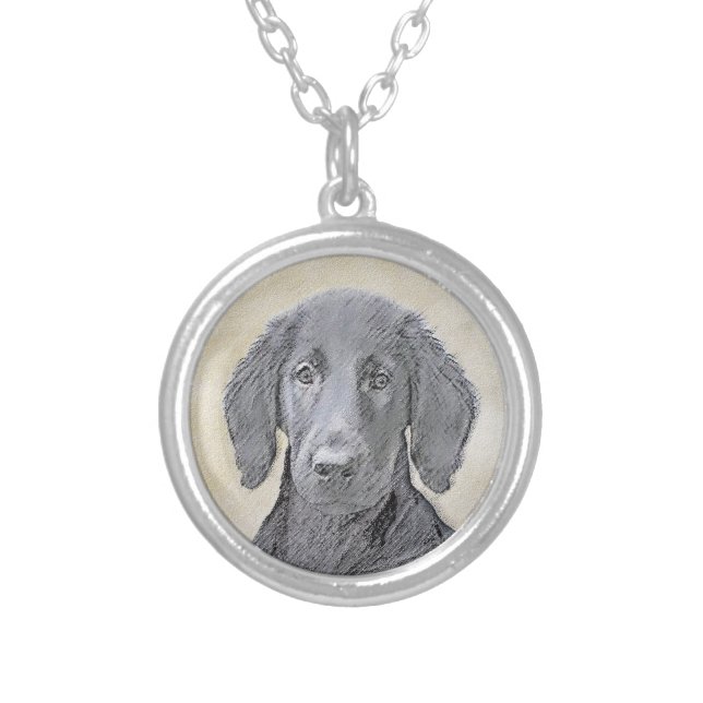 Flat-Coated Retriever Painting - Original Dog Art Silver Plated Necklace (Front)