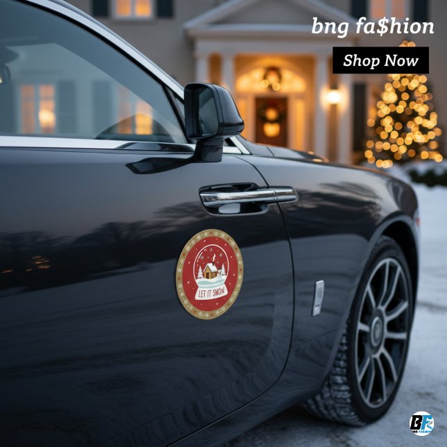Flat Design "Let It Snow" Snow Globe Round X-mas Car Magnet (Car Magnet)