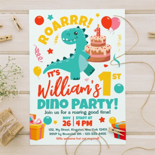 Flat Dinosaurs 1st Birthday Colorful Invitation