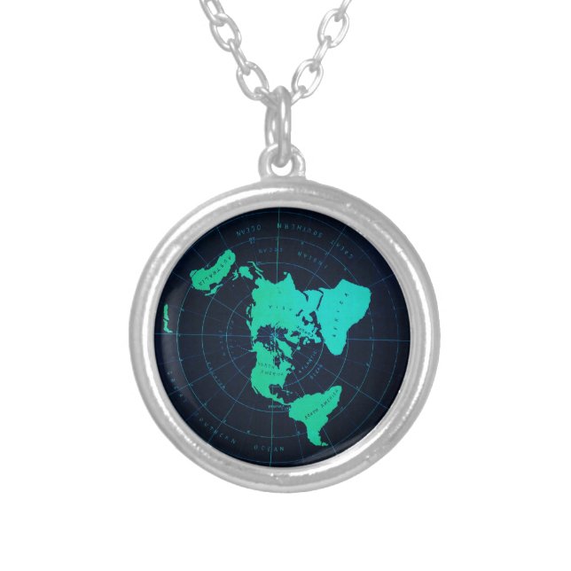 Flat Earth Map (Azimuthal equidistant projection) Silver Plated Necklace (Front)