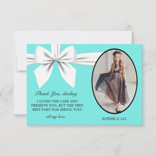 Flat Elegant Aqua Tiffany White Bow Thank You Card