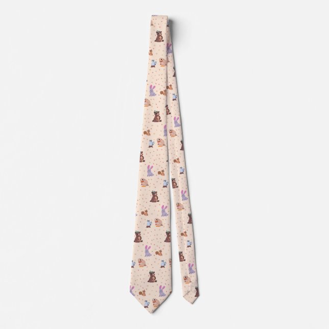 Flat fall/autumn animals pattern neck tie (Front)