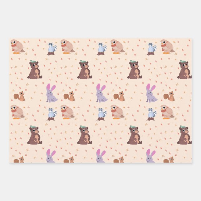 Flat fall/autumn animals pattern wrapping paper sheets (Front)