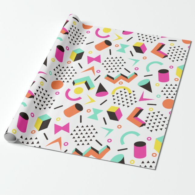 Flat Geometric Squiggly Memphis bold pattern 1980s Wrapping Paper (Unrolled)