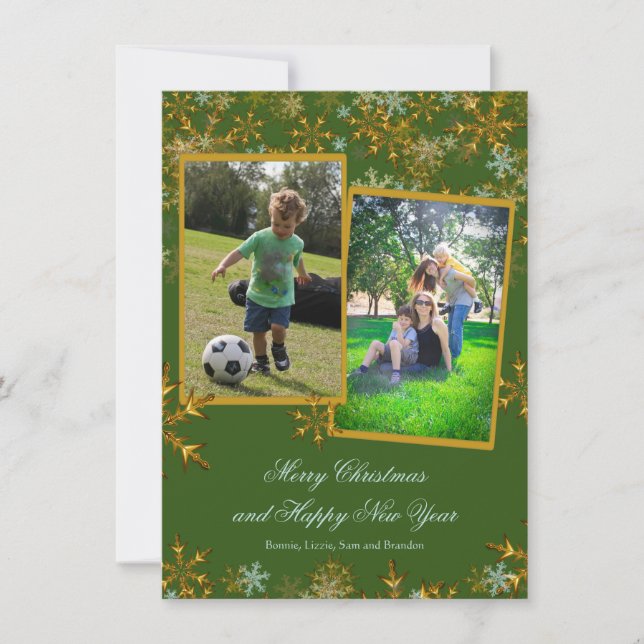 Flat Green and Gold Christmas Photo Cards (Front)