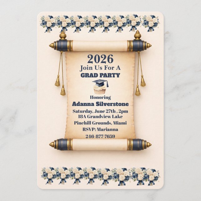 Flat Holiday Card- Editable Scroll Grad Invitation (Front)