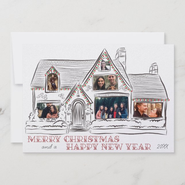 Flat Holiday Christmas House Family Card (Front)