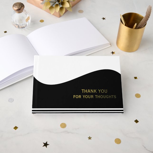 Flat Label Border - Wave black 1 Foil Guest Book (Front Open)