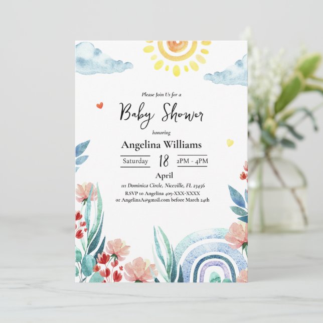 Flat lay baby shower invitation card with design. (Standing Front)