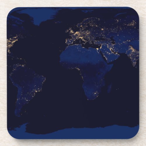Flat Map Of Earth Showing City Lights Of World Beverage Coaster