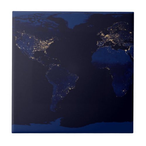 Flat Map Of Earth Showing City Lights Of World Ceramic Tile