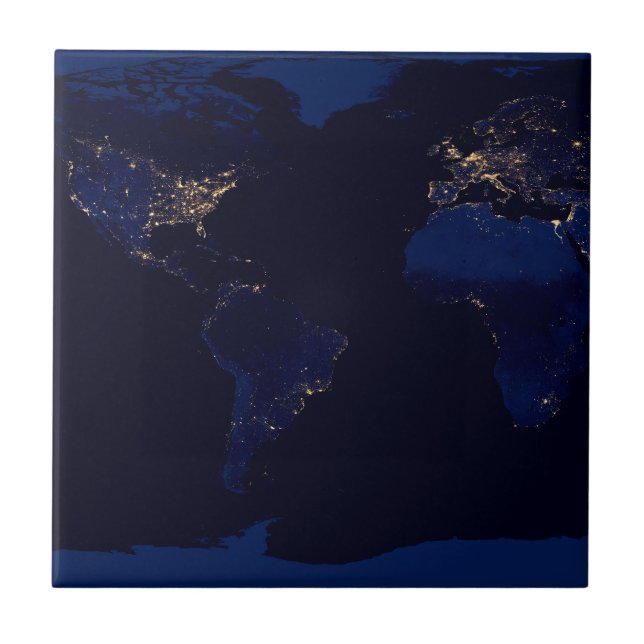 Flat Map Of Earth Showing City Lights Of World Ceramic Tile (Front)