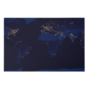 Flat Map Of Earth Showing City Lights Of World Faux Canvas Print