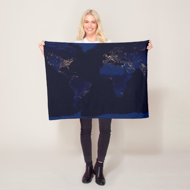 Flat Map Of Earth Showing City Lights Of World Fleece Blanket (In Situ)