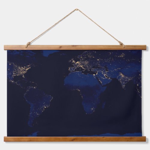 Flat Map Of Earth Showing City Lights Of World Hanging Tapestry