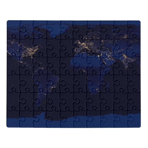 Flat Map Of Earth Showing City Lights Of World Jigsaw Puzzle