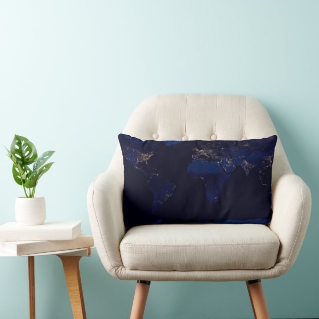 Flat Map Of Earth Showing City Lights Of World Lumbar Pillow (Chair)
