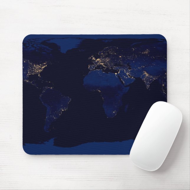 Flat Map Of Earth Showing City Lights Of World Mouse Pad (With Mouse)