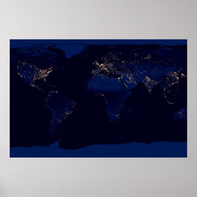 Flat Map Of Earth Showing City Lights Of World Poster (Front)