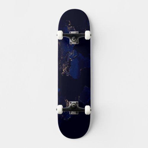Flat Map Of Earth Showing City Lights Of World Skateboard