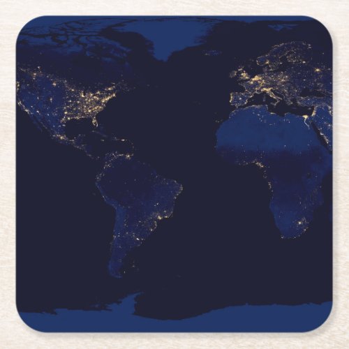 Flat Map Of Earth Showing City Lights Of World Square Paper Coaster