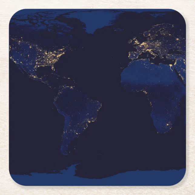 Square Erth Flat Map Of Earth Showing City Lights Of World Square Paper Coaster ...