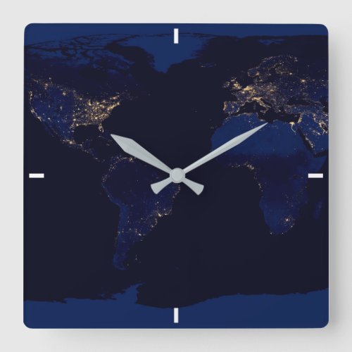 Flat Map Of Earth Showing City Lights Of World Square Wall Clock