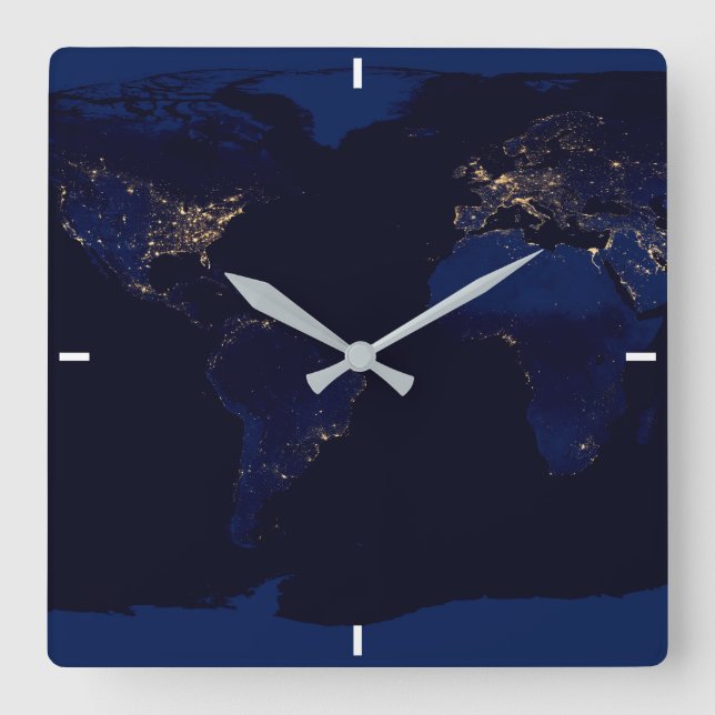 Flat Map Of Earth Showing City Lights Of World Square Wall Clock (Front)