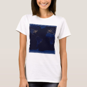 Flat Map Of Earth Showing City Lights Of World T-Shirt