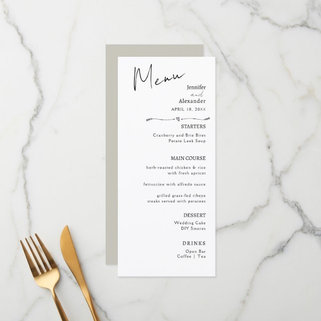 Flat Menu Minimalist modern calligraphy, wedding. (Front/Back In Situ)