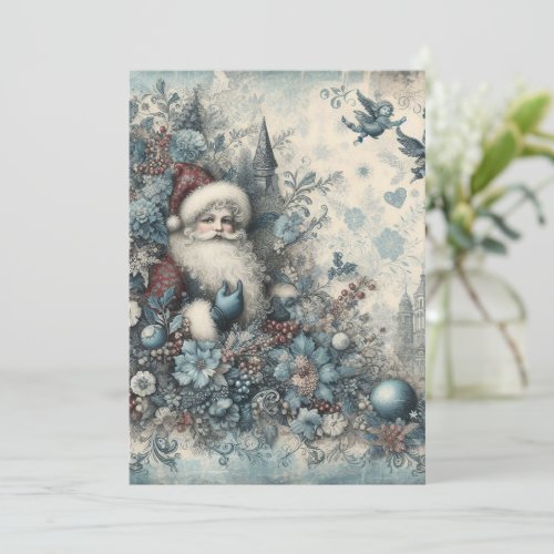Flat Non-Photo Vintage Blue Santa Christmas Card