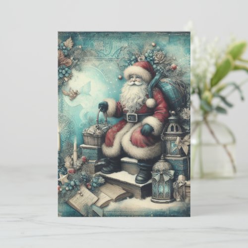 Flat Non-Photo Vintage Blue Santa Christmas Card